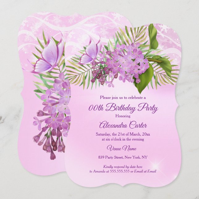 Invitation Papillon lilas rose Floral Jolie fête d'anniversai (Devant / Derrière)