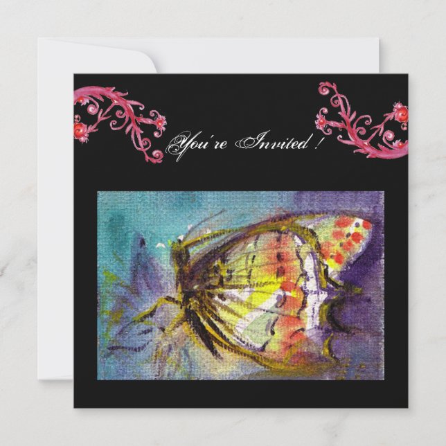 INVITATION PAPILLON MAGIQUE AVEC TOURBILLONS FLORAUX ROUGES , (Devant)