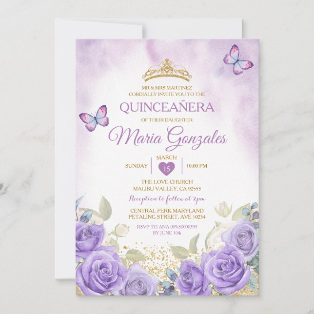 Invitation Papillon mexicain pourpre Quinceañera Gold Crown (Devant)