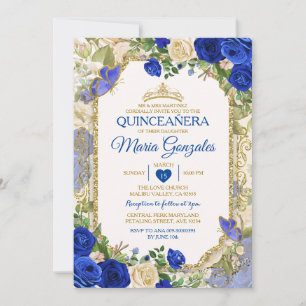 Invitation Papillon mexicain Quinceañera bleu et or Couronne