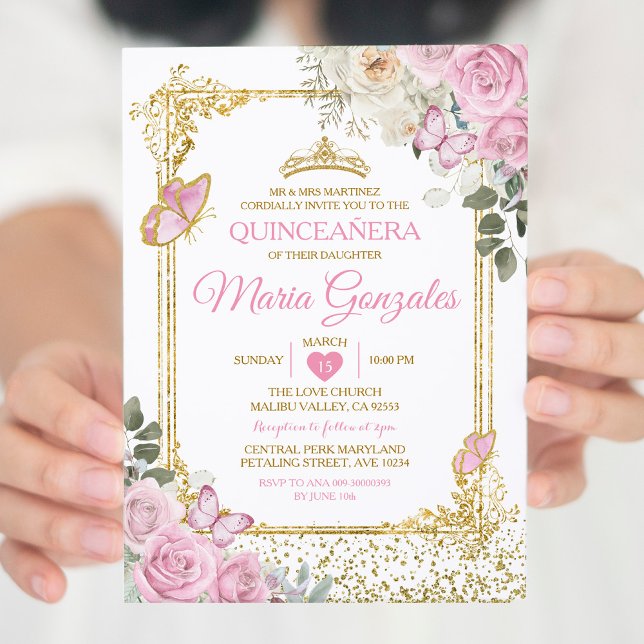 Invitation Papillon mexicain Quinceañera rose et or Couronne (Créateur téléchargé)