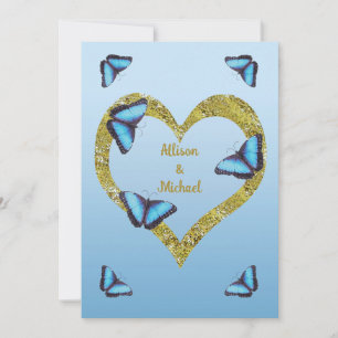 Invitation Papillon morpho bleu avec mariage de coeur doré