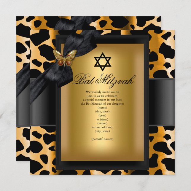 Invitation Papillon noir bat mitzvah Leopard Gold (Devant / Derrière)