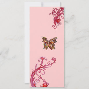 Invitation PAPILLON OR EN OR , fleurissements rose rouge vif
