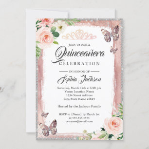 Invitation Papillon Pailleté Or Rose Floral Quinceanera