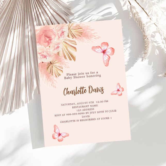 Invitation Papillon pampas herbe rose Baby shower de luxe (Créateur téléchargé)