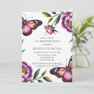 Invitation Papillon & Peony Girl 1er. Fête d'anniversaire