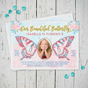 Invitation Papillon Photo Girls mignonne enfant rose fête d'a