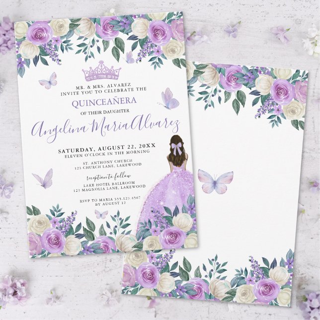 Invitation Papillon pourpre Floral Quinceañera (Purple Butterfly Floral Quinceañera Invitation)
