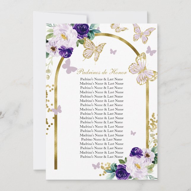 Invitation Papillon pourpre Quinceanera Padrinos de Honor (Devant)