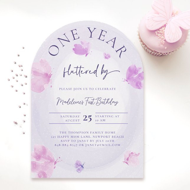 Invitation Papillon Purple Arc rose 1er Anniversaire (butterfly themed 1st birthday invitation girls pink red purple watercolor one year boho arch)