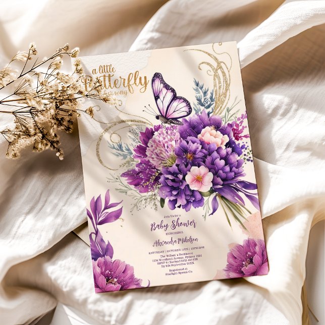 Invitation Papillon Purple Floral Rose Baby shower fille (Créateur téléchargé)