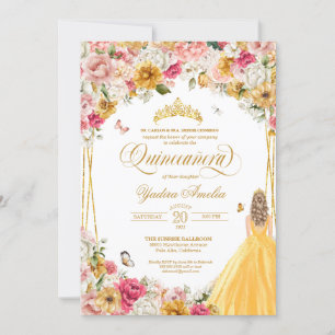 Invitation  Papillon Quinceanera Blush Rose Jaune Floral Dans