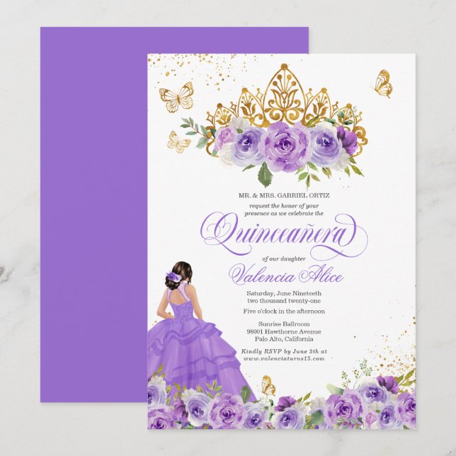 Invitation Papillon Quinceañera + Fleurs d'aquarelle violette (Devant / Derrière)
