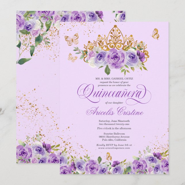 Invitation Papillon Quinceañera & Fleurs d'aquarelle violette (Devant / Derrière)