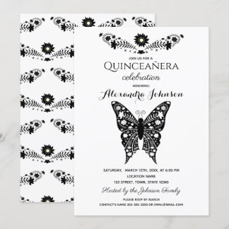 Invitation Papillon Quinceanera Noir & Blanc 15e Anniversaire