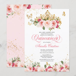 Invitation Papillon Quinceañera & Rose d'aquarelle rose pâle