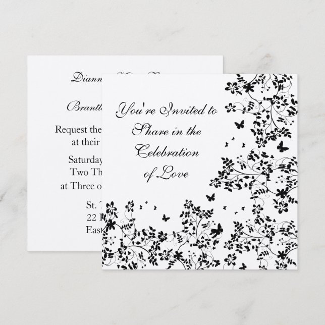 Invitation Papillon Romance/noir et argent métallique (Devant / Derrière)