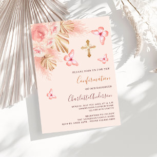 Invitation Papillon rose de pampa pêche luxe Confirmation