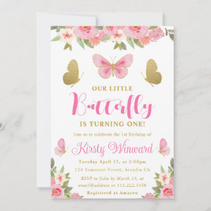 Invitation Papillon rose et or Fleur Fille 1er Anniversaire