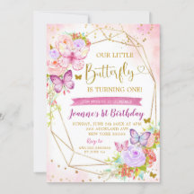 Papillon rose et violet 1er appel d'anniversaire