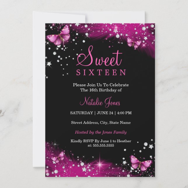 Invitation Papillon rose étincelle Diamond Sweet 16 Invitatio (Devant)