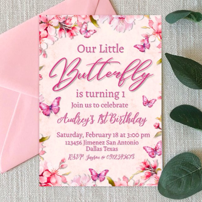 Invitation Papillon rose Fille Florale Anniversaire (Pink Butterfly Floral Girl Birthday Invitation)