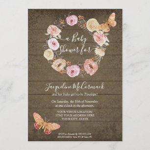 Invitation Papillon rose Floral Aquarelle Wreath Baby Girl