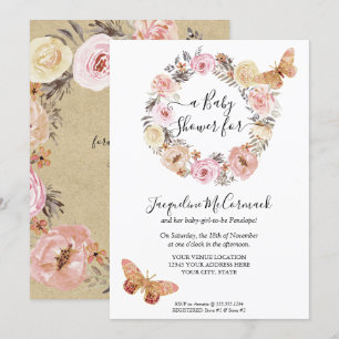 Invitation Papillon rose Floral Aquarelle Wreath Baby Girl