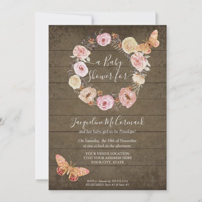 Invitation Papillon rose Floral Bois rustique Wreath Baby Gir (Devant)