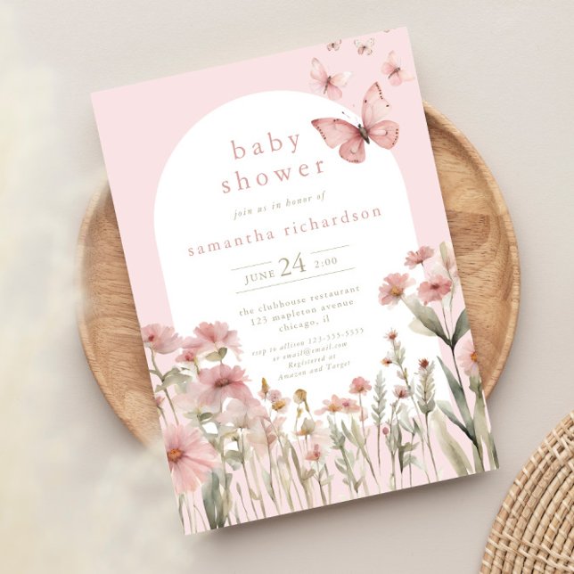 Invitation Papillon rose floral fleur sauvage baby shower fil (Créateur téléchargé)
