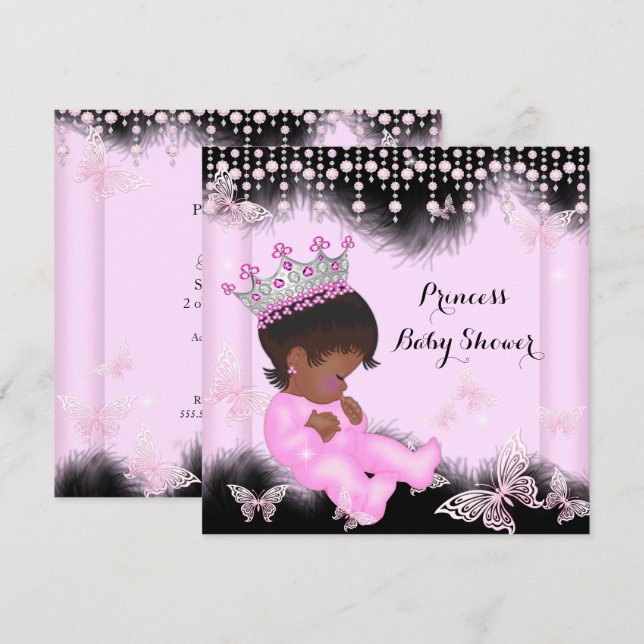 Invitation Papillon rose noir Baby shower Princesse Ethnique (Devant / Derrière)