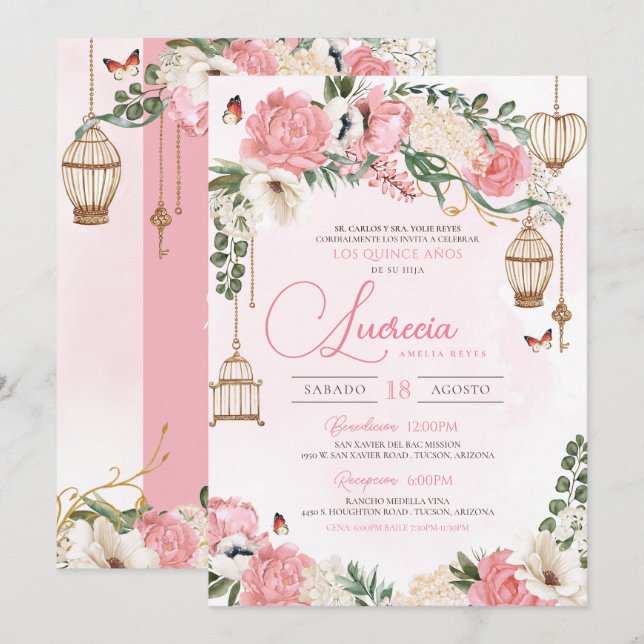 Invitation Papillon rose pâle Floral Élégant Quinceañera (Devant / Derrière)
