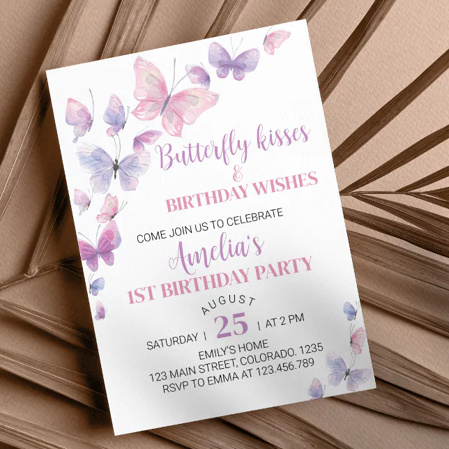 Invitation Papillon rose pourpre Premier anniversaire Invitat