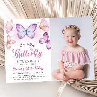 Invitation Papillon rose Purple Girls Photo Anniversaire