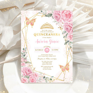 Invitation Papillon rose Quinceañera Gold Géométrique en