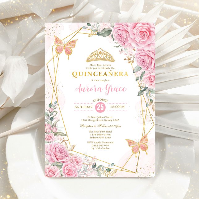 Invitation Papillon rose Quinceañera Gold Géométrique en (Créateur téléchargé)