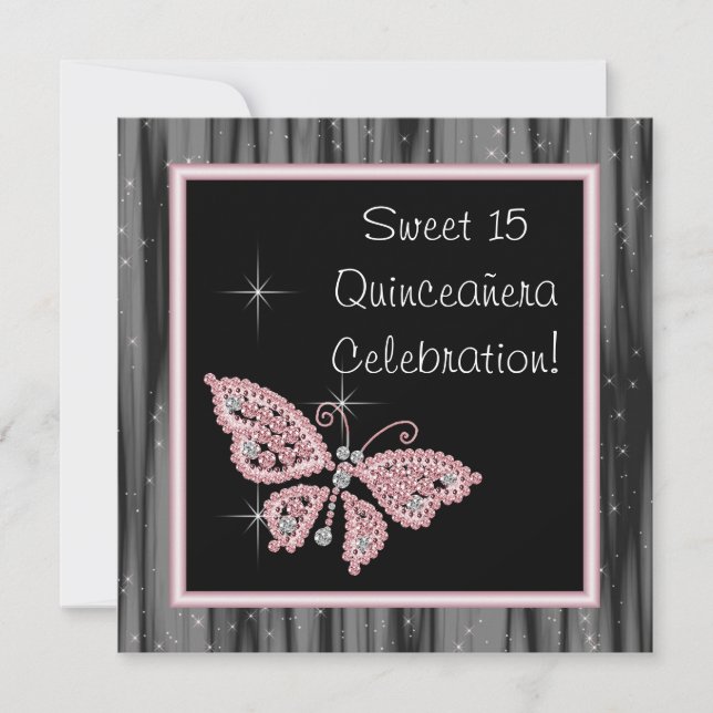 Invitation Papillon rose Quinceanera noir rose (Devant)