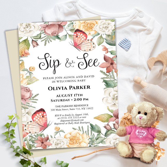 Invitation Papillon rose Rose Floral Baby Girl SIP ET VOIR (Créateur téléchargé)