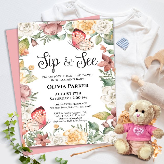 Invitation Papillon rose Rose Floral Baby Girl SIP ET VOIR (Créateur téléchargé)