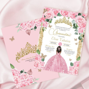 Invitation Papillon rose Rose Floral Princess Quinceanera