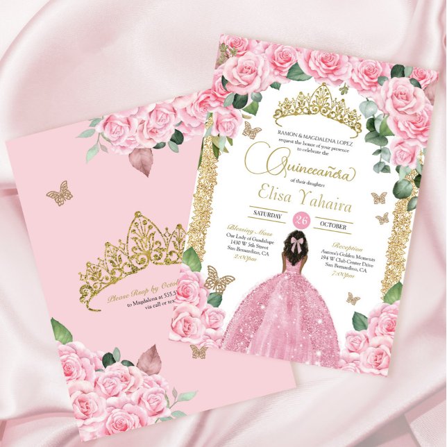 Invitation Papillon rose Rose Floral Princess Quinceanera (Créateur téléchargé)