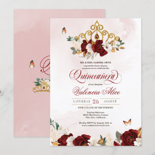 Invitation Papillon rose rousse de Bourgogne Quinceanera Gold