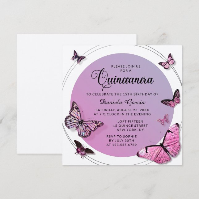 Invitation Papillon rose Shimmer moderne Quinceañera (Devant / Derrière)