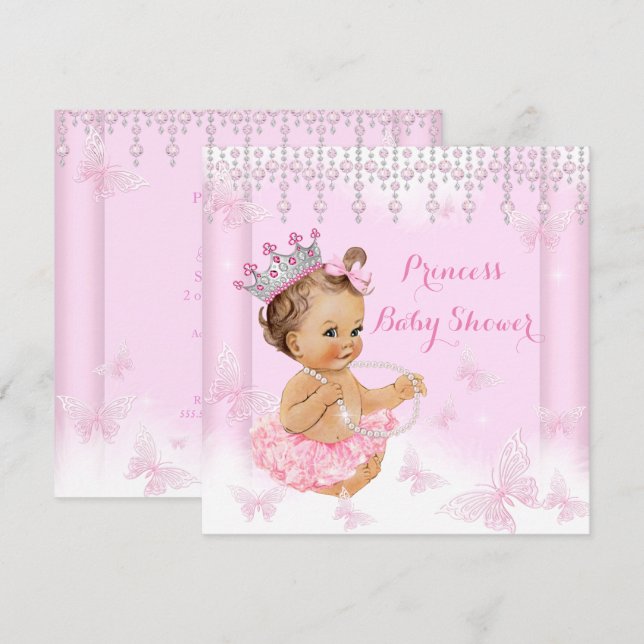 Invitation Papillon rose Tiara Princess Baby shower Brunette (Devant / Derrière)