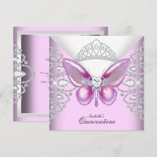 Invitation Papillon rose Tiara Quinceanera 15ème Parti (Devant / Derrière)