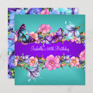 Invitation Papillon rose turquoise bleu violet fête d'anniver