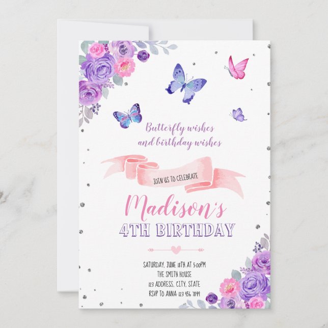 Invitation papillon rose violet (Devant)