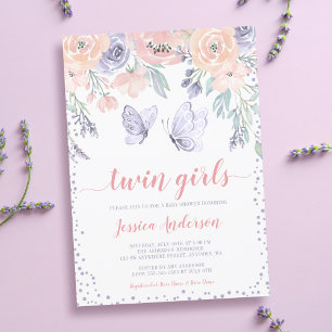 Invitation Papillon rose violet Floral Twin Girl Baby shower