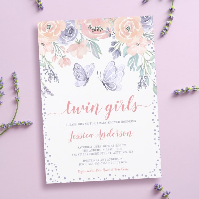 Invitation Papillon rose violet Floral Twin Girl Baby shower (Créateur téléchargé)